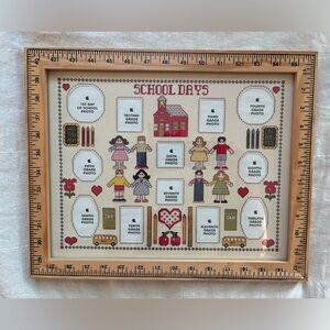 Vintage? Cross Stitch Childhood School Photo Memories Kitschy Framed Wall Decor